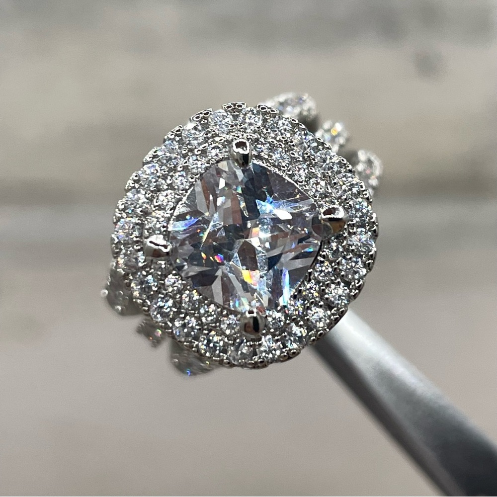 Beautiful Large Statement Cushion Cut Halo White Diamond CZ Silver Plated Ring